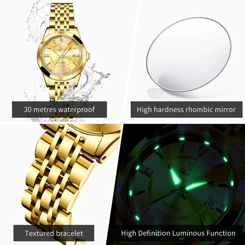 OLEVS 9977 Women's Quartz Watch Rhombus Mirror Waterproof Stainless Steel Elegant Luxury Ladies Hand Clock