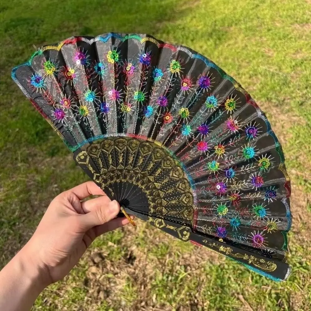 Sequin Embroidery Chinese Folding Fan Folding Peacock Pattern Sequin Fan Plastic Handheld Style Embroidery Fan Dance Supplies