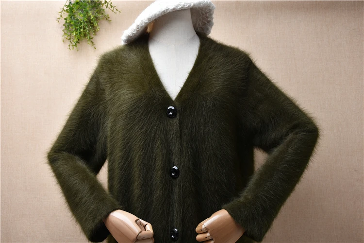 Female Women Fall Winter Clothing Green Hairy Mink Cashmere Knitted V-Neck Long Sleeve Loose Cardigan Mantle Jacket Coat Sweater