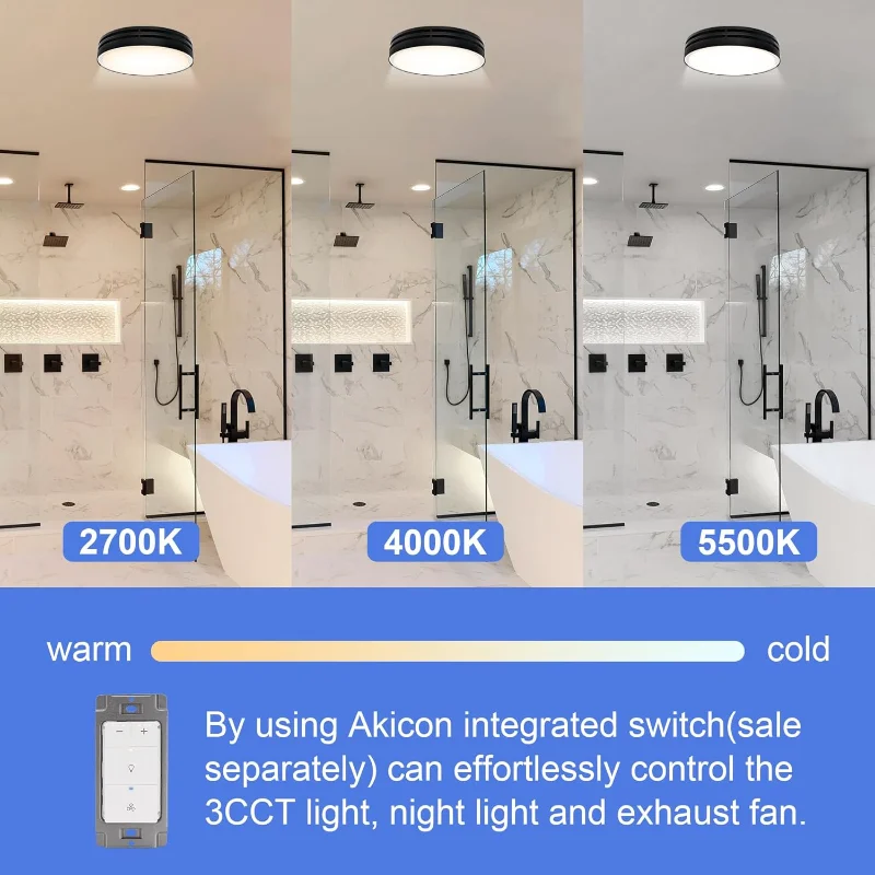 مروحة عادم الحمام Akicon مع ضوء، 110CFM، 2.0 نطاق للسقف، ضوء LED قابل للتعتيم 1000 لومن وإضاءة ليلية 150 لومن مزدوجة اللون