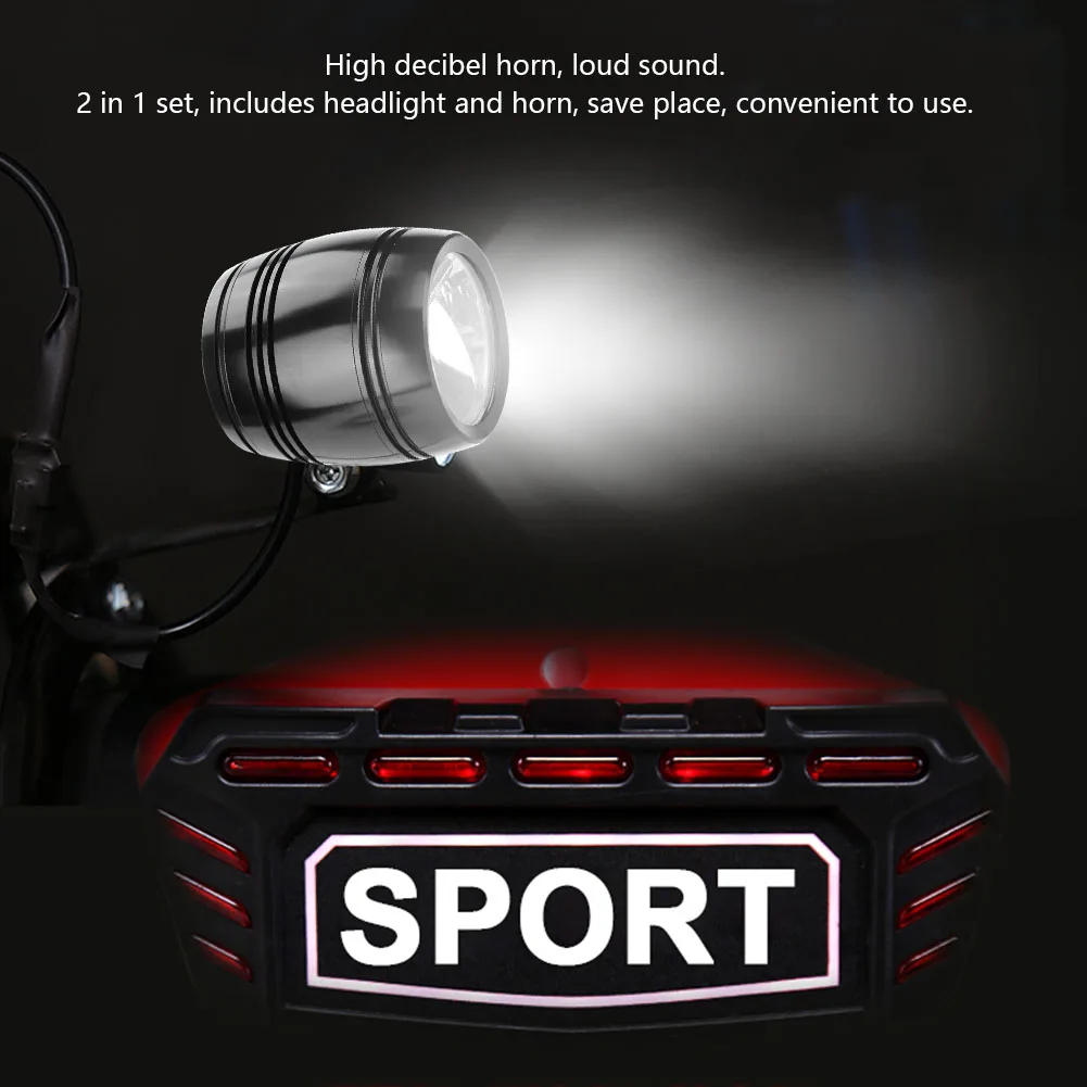 

2-in-1 E-Bike Light and Horn, LED E-Bike Headlamp with Built-in Horn - 5W High Brightness, 1.5m Cable for Easy Installation