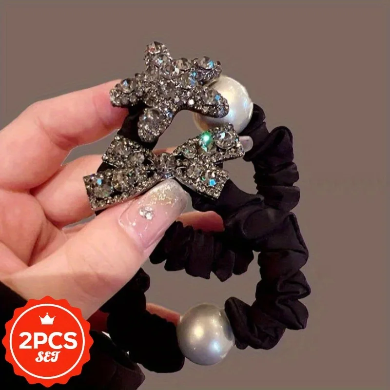 

2Pcs/set Glitter Hair Ties with Shining Pentagram - High Elastic Shiny Hair Bands for Women, Elegant Ponytail Hair Rope Holders