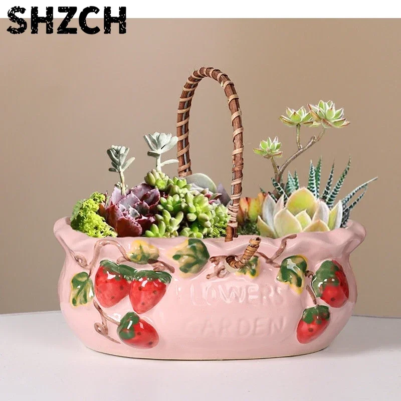 Strawberry Relief Tote Basket Flower Pots Ceramic Vase Desk Decoration Potted Plants Floral Vases Porcelain Flowers Arrangement