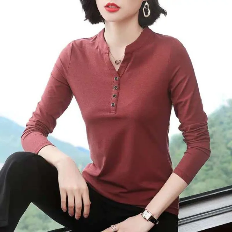 Autumn and Winter Women\'s Polo Pullover Cotton Solid Button Tshirt Long Sleeve V-Neck Standing Neck Underlay Fashion Casual Tops