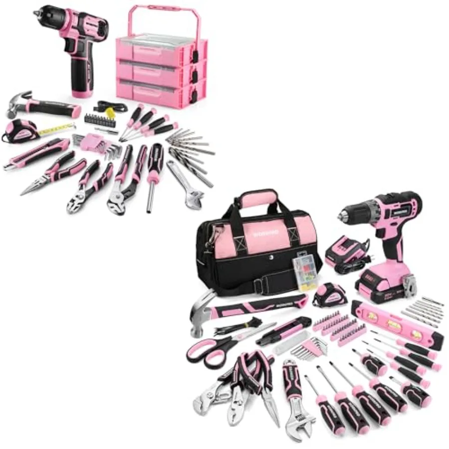 

157PCS Home Tool Set with 20V Power Drill and WORKPRO 43PCS Pink Tool Set with 8V Power Drill and Bits- Pink