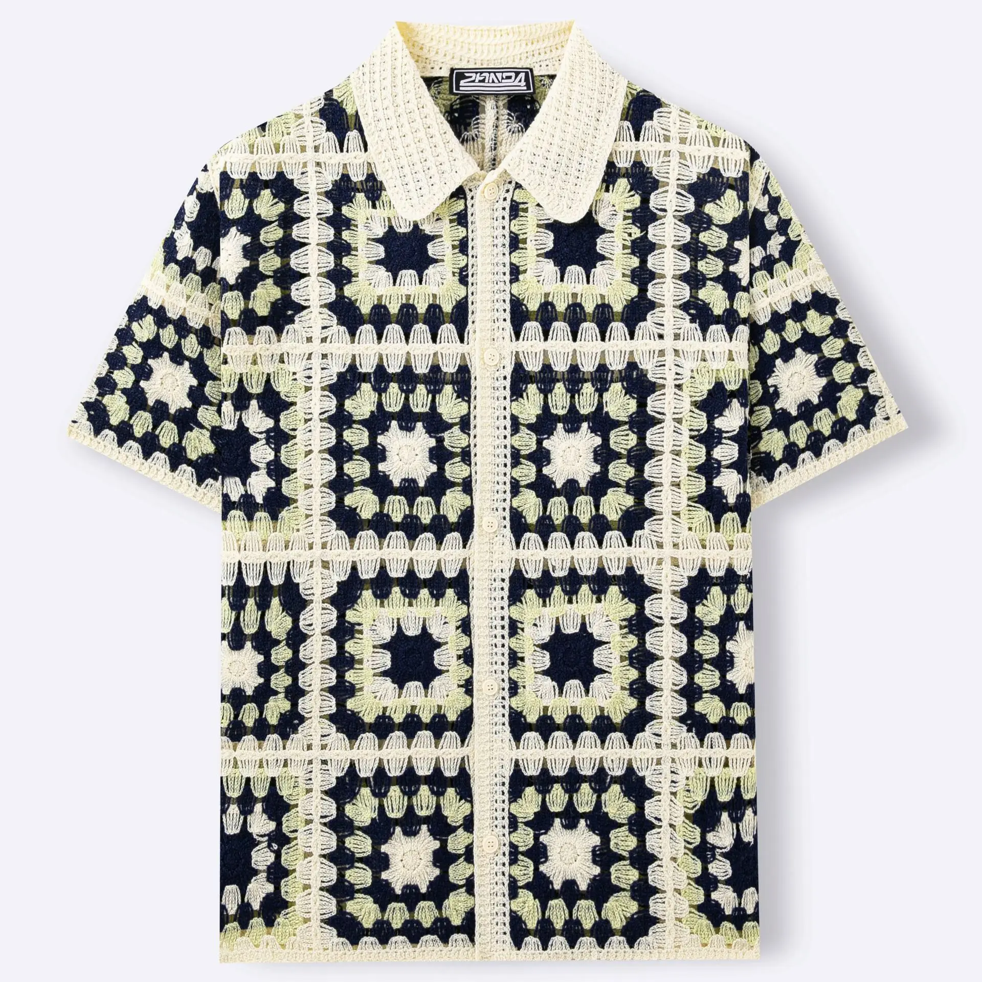 Men's European and American checkered crochet hollow knitted shirt with collar, short sleeved casual cardigan, polo shirt top