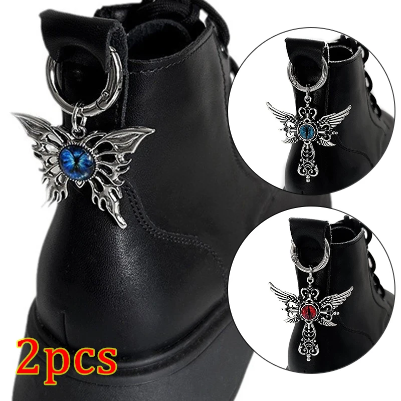 2pcs Winged Cross Devil's Eye Shoe Buckle Openwork Butterfly Heel Buckle Boots Shoe Accessory Pendant Women Party Jewelry Decor
