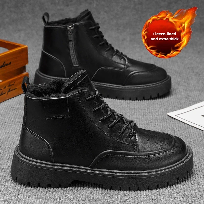 

Winter High Top Warm Men's Leather Boots Black Velvet Anti Slip Thick Ankle Boots Thick Soled Wear-resistant Short Boots