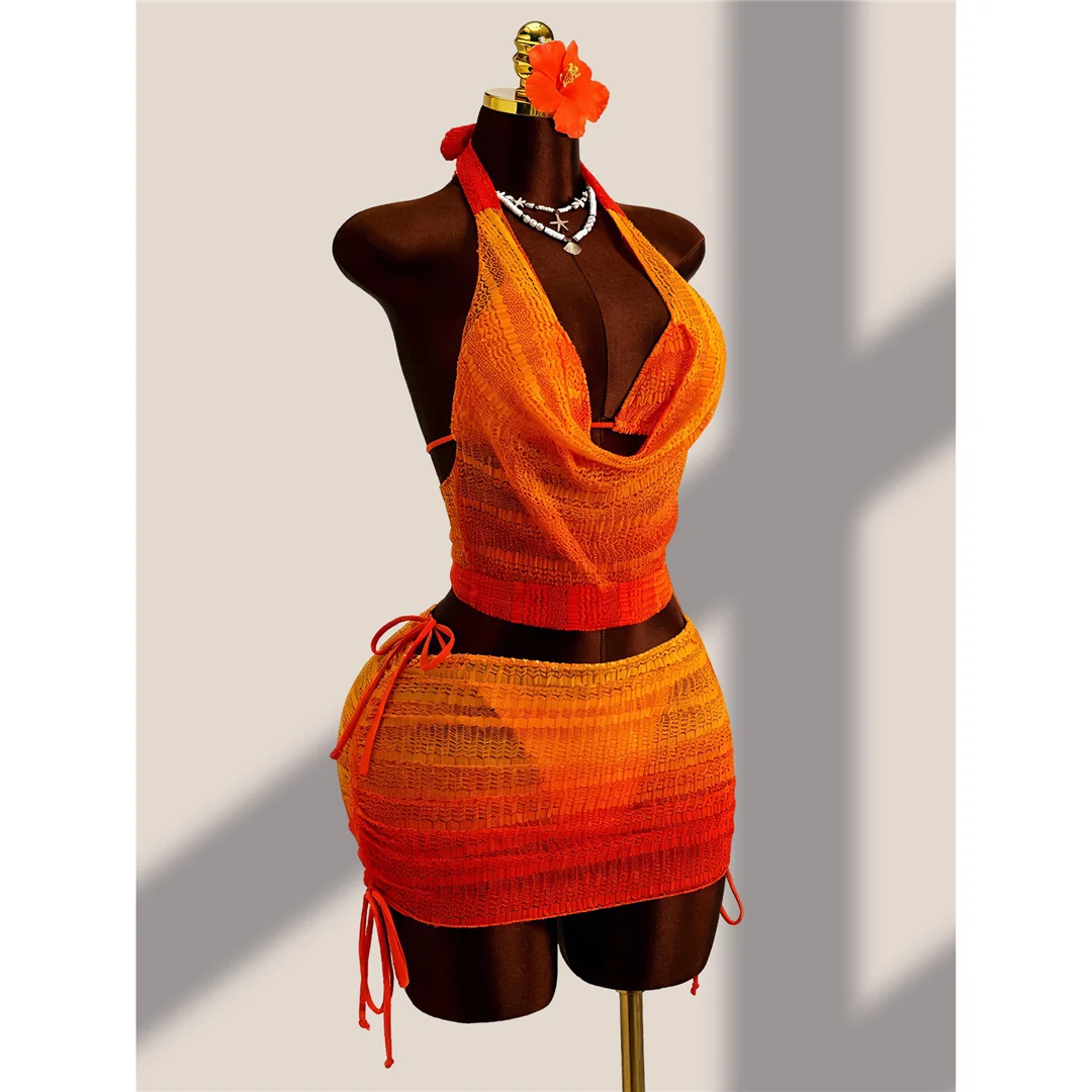 Mit Rock, Farbverlauf, Neckholder-Bikini, Damen-Badebekleidung, Damen-Badeanzug, vierteiliges Bikini-Set, Badeanzug, Badebekleidung, Schwimmanzug V8219 – Detail 12