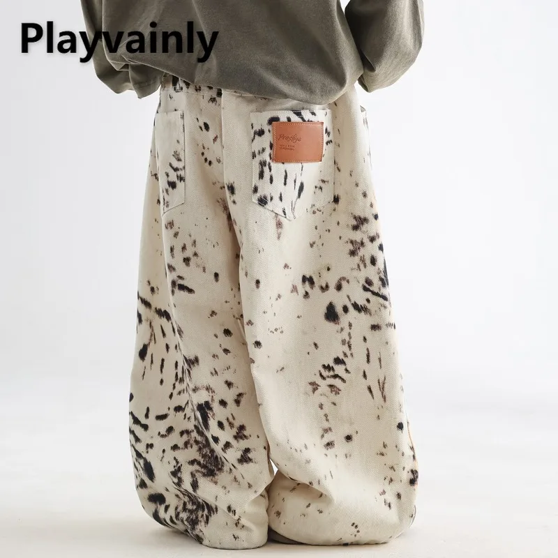 

2025 New Kids Boys Fashion Wide Leg Pants Korean Style Children Apricot Leopard Print Casual Loose Jeans for Spring Autumn H5038