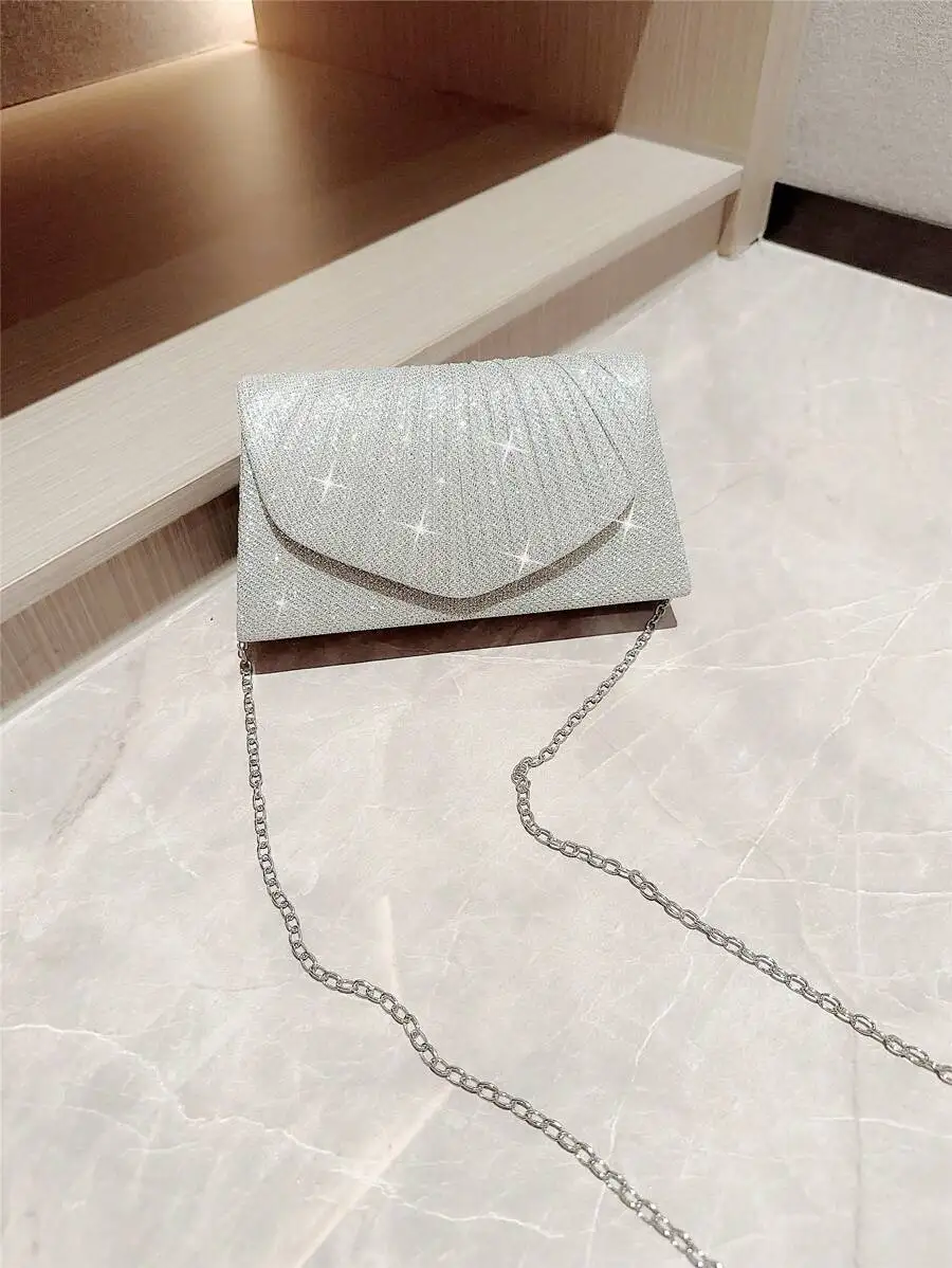 

Glittering Pleated Envelope Clutch Bag With Chain Strap For Evening Party Wedding