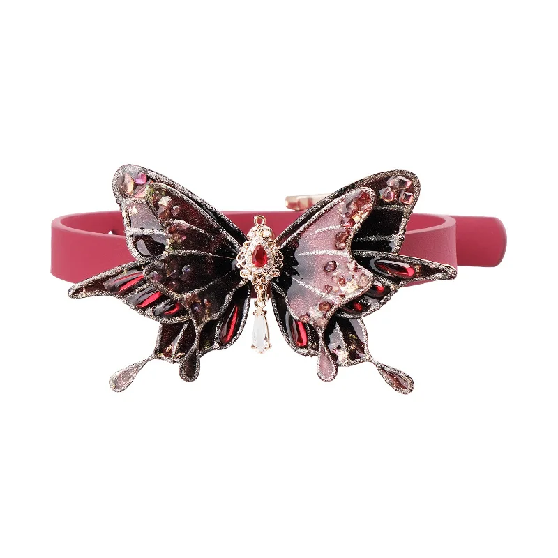 

Adult Games Gothic Fairy Butterfly Choker Necklace, Burgundy Faux Leather Collar with Glitter & Red Crystal Accents