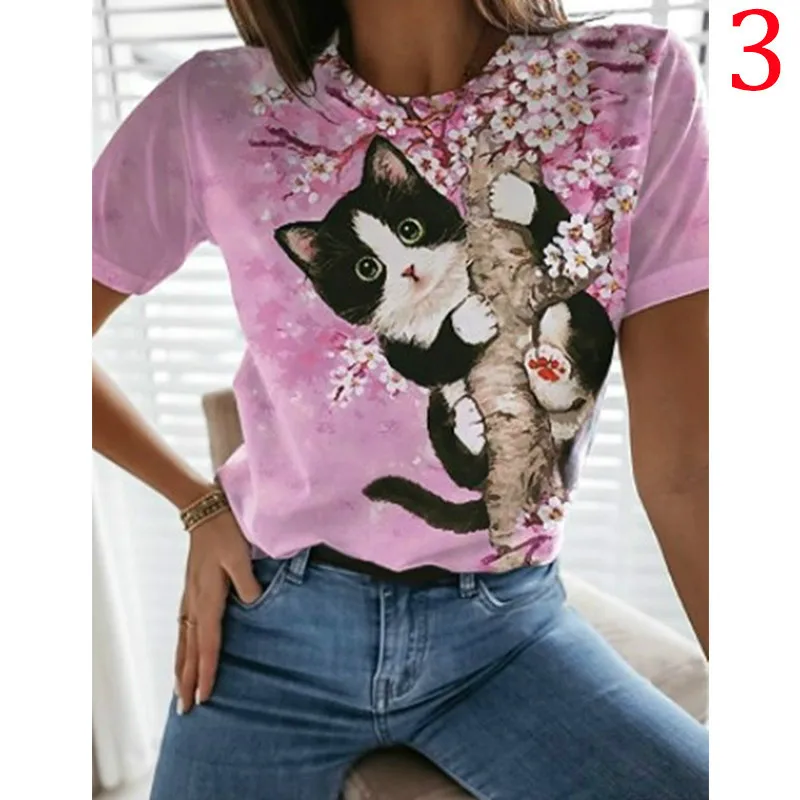 2022 Summer Ladies Pink Cat 3D Cat Bird Print T-Shirt Men/Women Round Neck Casual Streetwear Loose Loose T-Shirt XXS-6XL