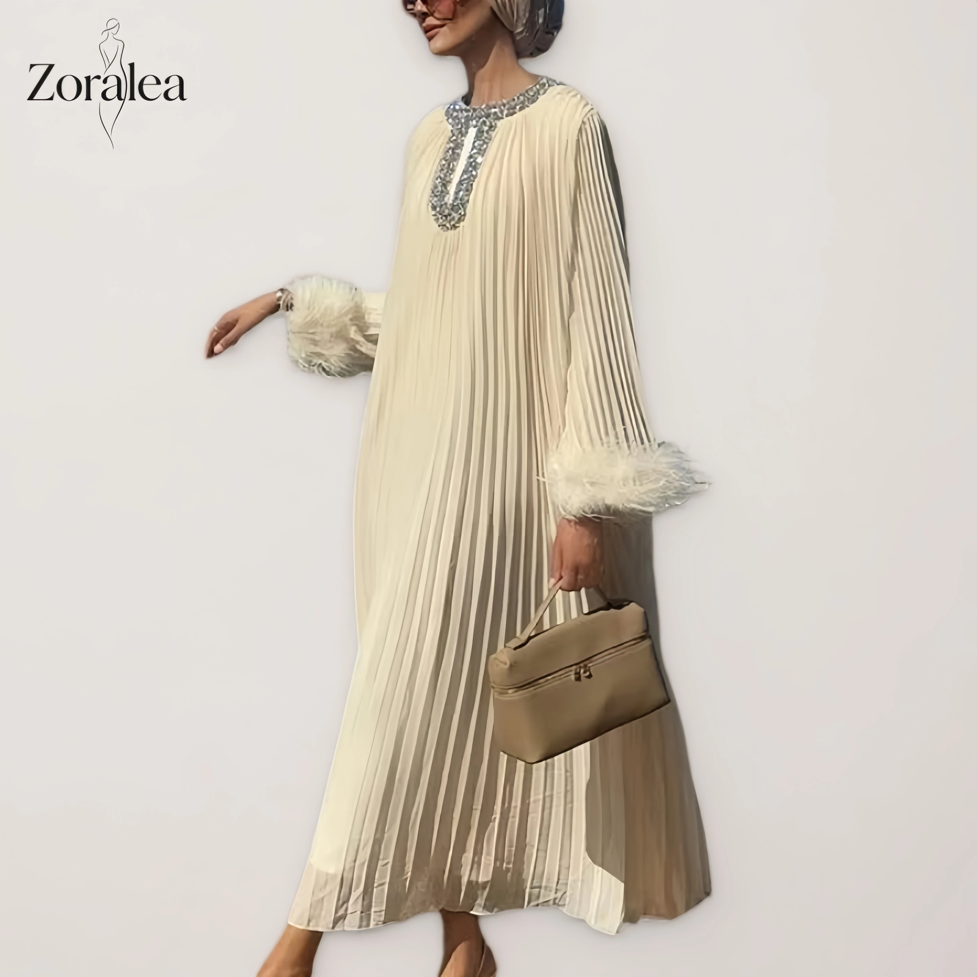 

Zoralea Feather Cuff Pleated Chiffon Maxi Dress Women Multiple Colors Elegant Rhinestone Kaftan for Wedding Guest Party