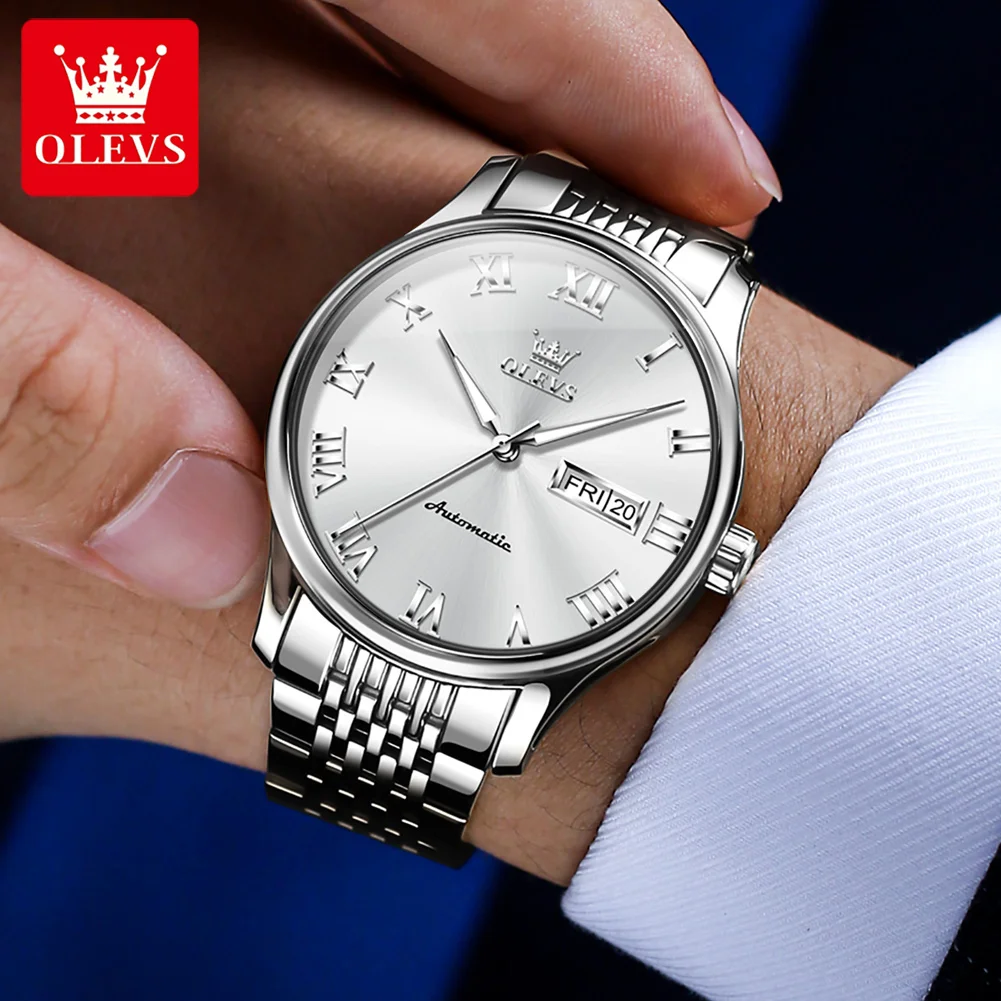 OLEVS 9929 Top Original Automatic Watch for Men Classic Roman Numeral Scale Dual Calendar Stainless Steel Men\'s Mechanical Watch