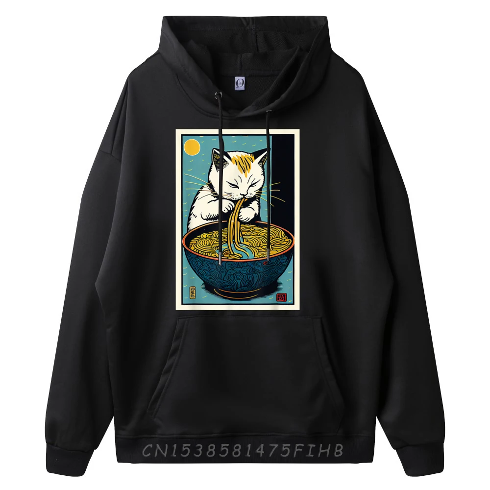 Cat Eating Ramen Noodles Cute Vintage Japanese Graphic Graphic Sweatshirts Polyester Fiber Printed Hoodie Group