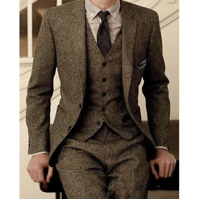 

Latest Design Brown Tweed Suits Men Slim Fit Custom Wedding Tuxedo for Groom 3 Piece Formal Business Casual Wool Male Suit 2025