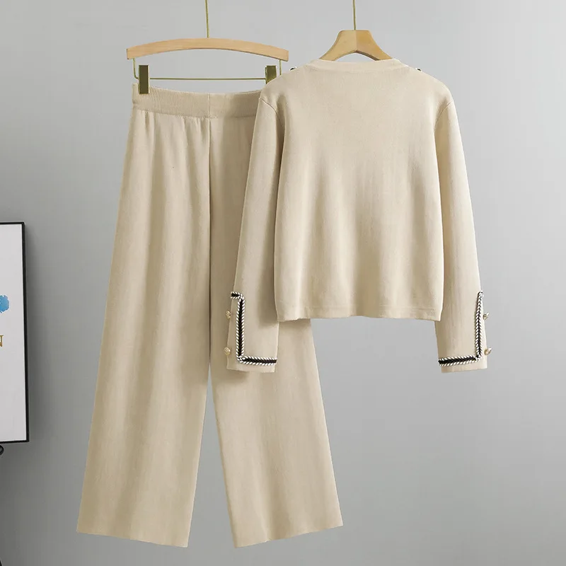Mode bref tempérament tricoté pantalon deux pièces ensemble décontracté femmes tressé garniture or bouton Cardigan pull et pantalon costumes