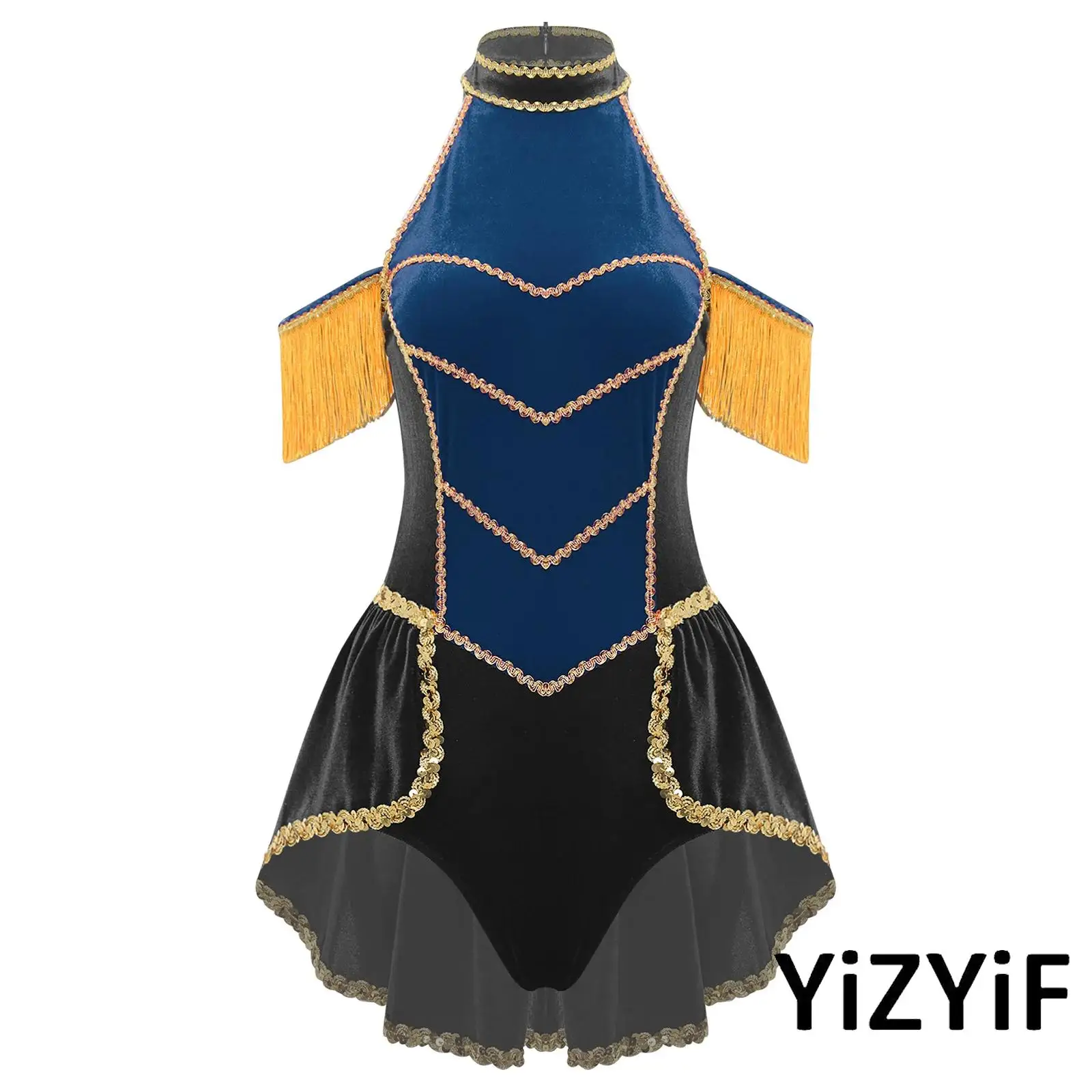 

Circus Vintage Swallowtail Jumpsuit for Women Contrast Color Bodysuit with Gold Details for Halloween Carnival Roleplay Party