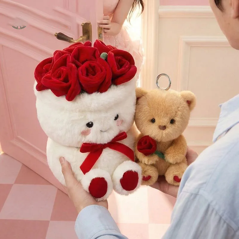 かわいいバラの花束ぬいぐるみセット、小さなクマのキーホルダー付き、柔らかいぬいぐるみフラワープラッシュドール、子供へのプレゼント、バレンタインデーの飾り