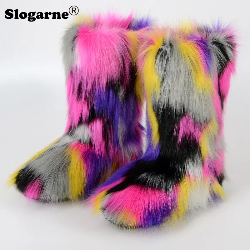 Women\'s Winter Colourful Fox Fur Snow Boots Outdoor Luxury Furry Faux Fur Boots Female Plush Warm Bottes Woman Fashion Fur Shoes