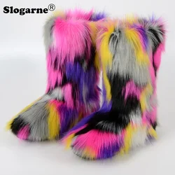 Women's Winter Colourful Fox Fur Snow Boots Outdoor Luxury Furry Faux Fur Boots Female Plush Warm Bottes Woman Fashion Fur Shoes