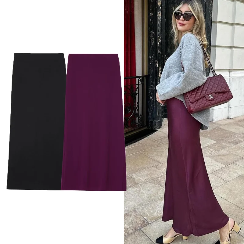 

Women Simple Casual Long Skirt 2025 Spring Summer Elastic High Waisted A-Line Solid Skirts Woman Elegant Streetwear Satin Skirts