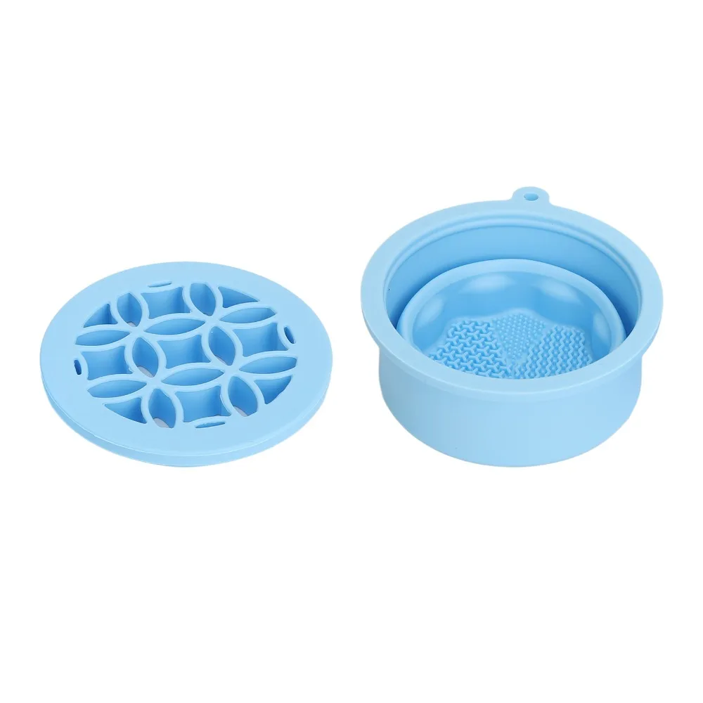 2 In 1 Integrated Makeup Brush Cleaning Mat Blue Silicone Foldable Space Saving Style Cosmetic Brush Cleaner Bowl