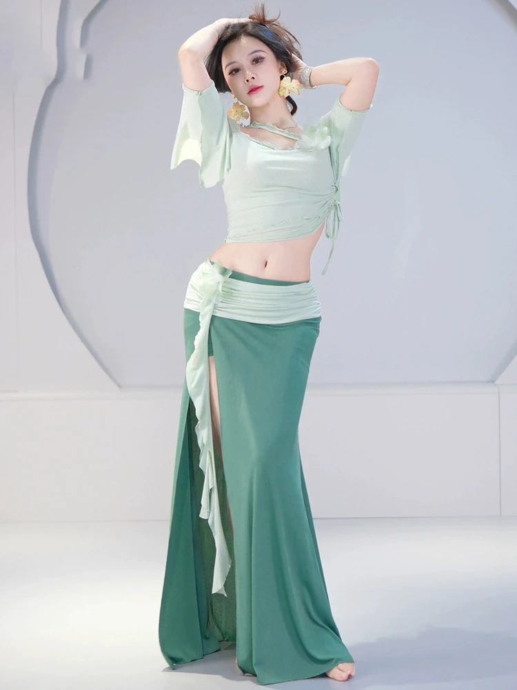 Roupas de prática de dança do ventre estilo francês conjunto de bloco de cores top + saia para mulheres roupas de aula de dança do ventre