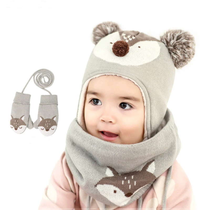 3pcs/Set Baby Winter Hat Autumn Keep Warm Hat Scarf Gloves Pompom Ball Knitted Crochet Beanies Hats For Kids Baby Boys Girl Caps