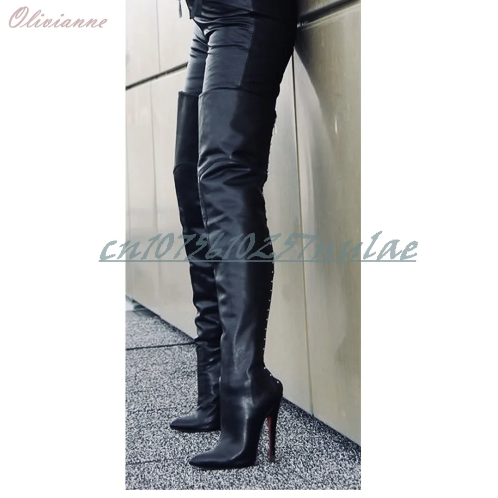 

Black Back Sexy Round Rivets Decor Over the Knee Boots Pointed Toe Stiletto High Heel 2025 Hot Women Shoes Zapatos Para Mujere