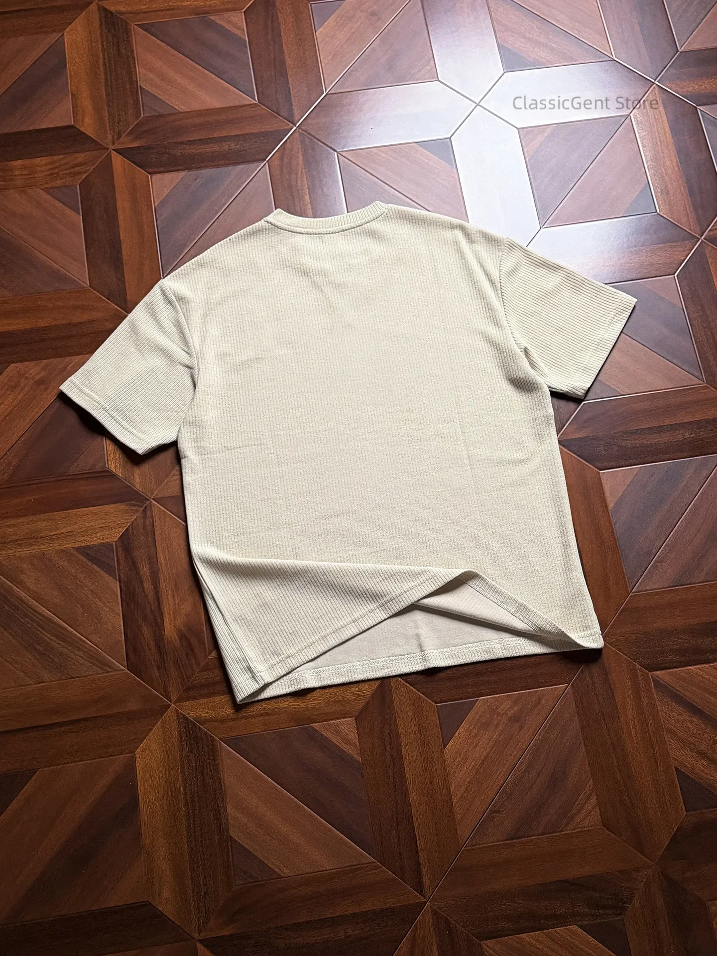 Knitted vertical strip dark pattern small V-neck, breathable and sweaty, not skin-friendly 7.4OZ loose short-sleeved T-shirt
