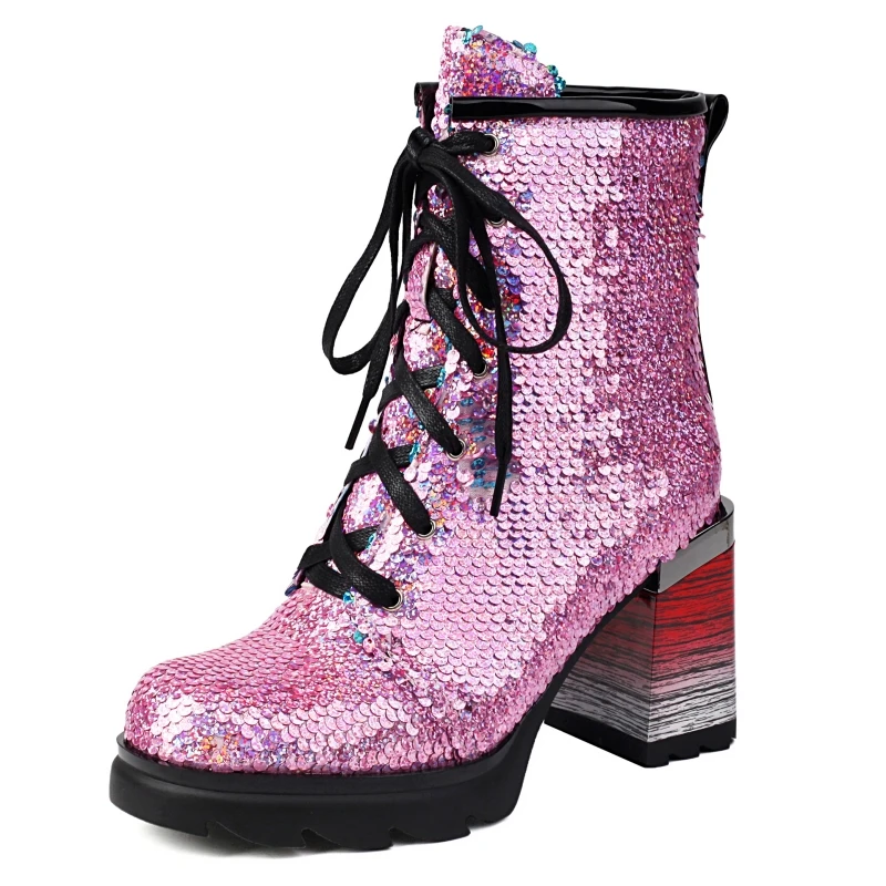 Luxury Ankle Boots for Women Spring Shoes Sequined Blue Pink Short Boot Heels Footwear Party Footwear Shoes Ladies Large Size 44