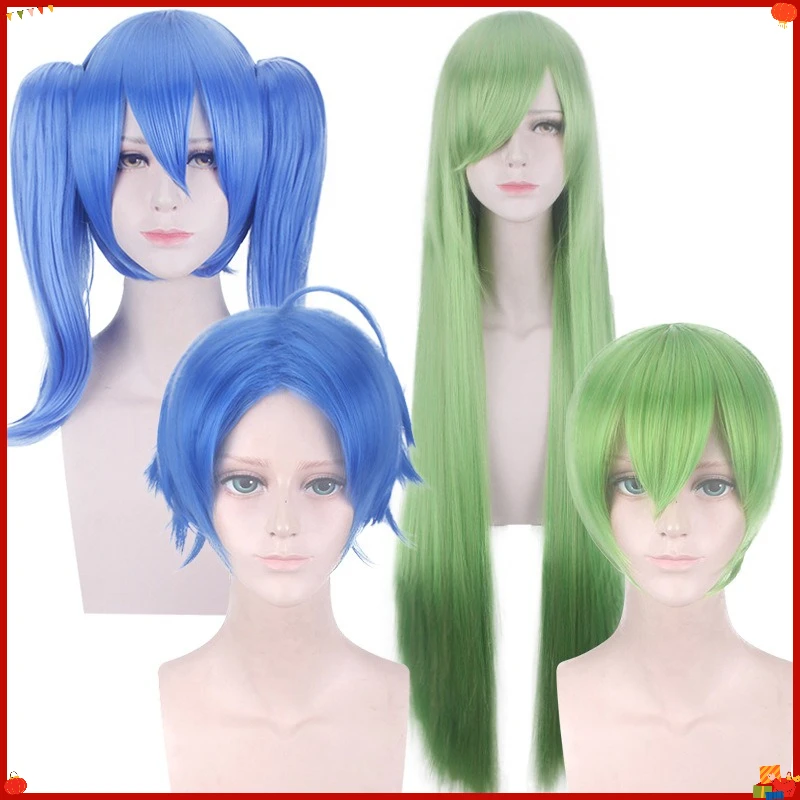 Synthetic Long Straight Green Wig for Cosplay Mi-Ku Inspired Genderbend Twin Clip Anime Costume Party Hair