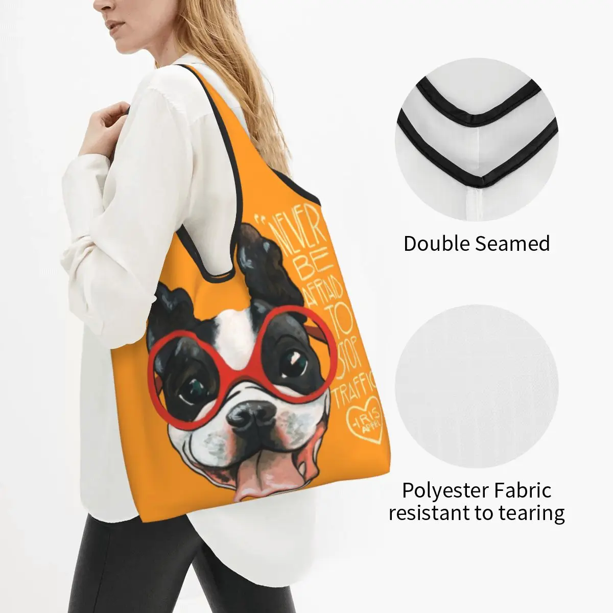 Stop Traffic Groceries Shopping Bag Funny Shopper Tote Shoulder Bags Big Capacity Portable Boston Terrier Dog Pet Handbag