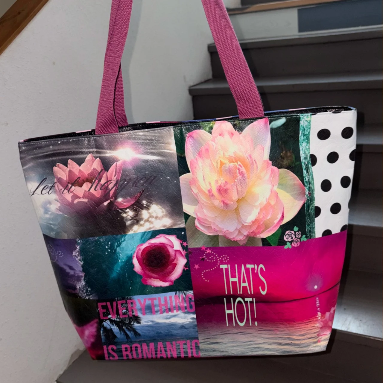 Subculture Y2K Retro Figure & Lotus Graphic Large Capacity Storage Bag Hottie Zipper Casual Shopping Tyvek Canvas Lined Tote Bag