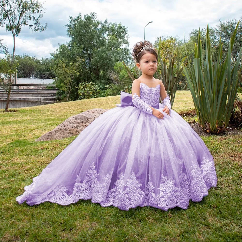 Champagne Tulle Flower Girl Dress For Wedding Long Sleeves With Bow Puffy Floor Length Princess Kids First Communion Gown