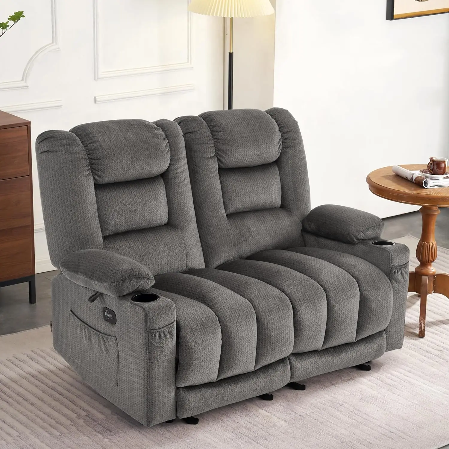 Power Loveseat Recliner with Heat and Vibration Fabric Electric Loveseat Recliner USB Charge Port Cup Holders for Living Room