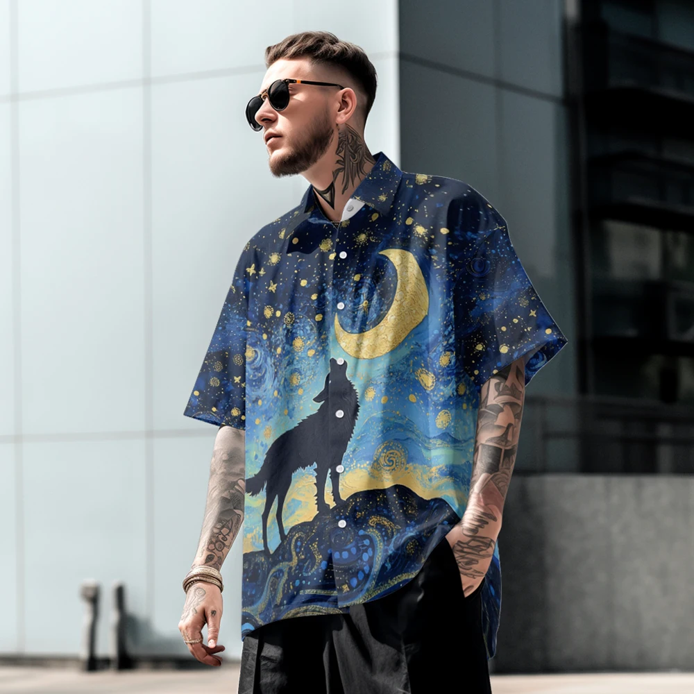 

Summer casual oversized short sleeved shirt with wolf print, loose fit, comfortable Hawaiian beach trend, single breasted