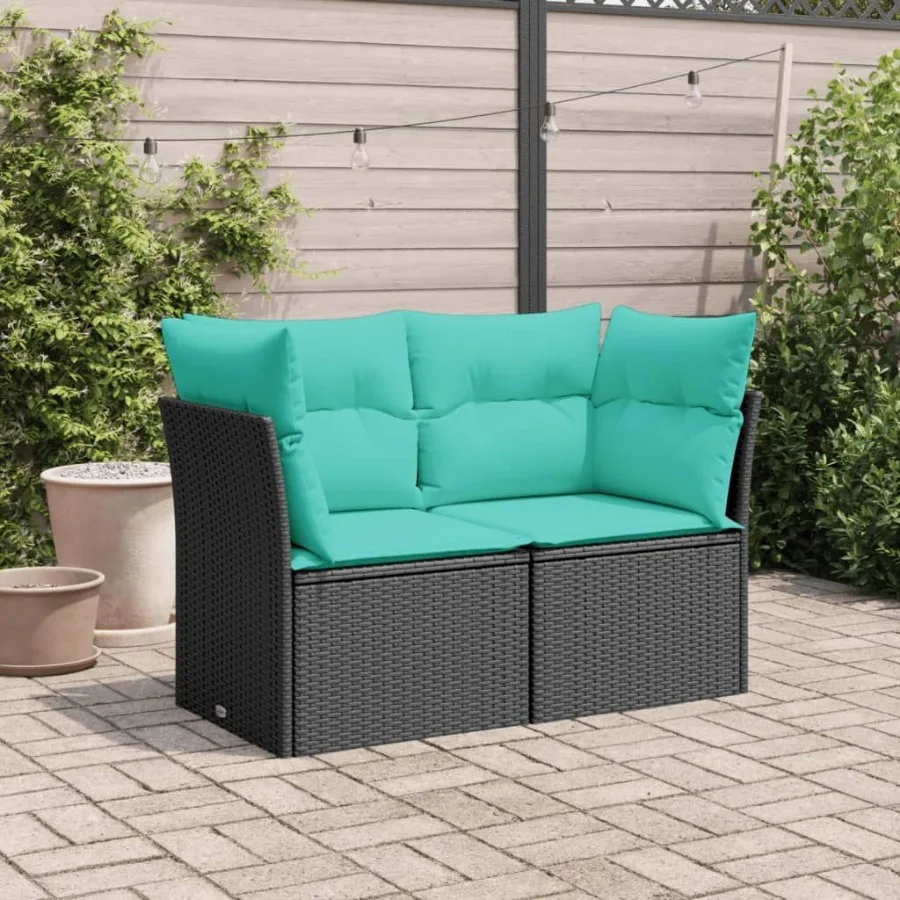 Terrassensofa mit Kissen, 2-Sitzer, schwarzes Poly-Rattan