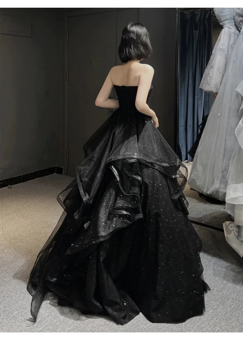 Temperament Black Elegant Wedding Party Dresses Strapless Tiered Draped Graduate Robe 2025 New Ball Gown Formal Dress Quinceaner