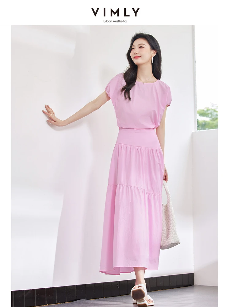 VIMLY Women\'s French Elegant Pink Skirt Set Summer New Strappy Puff Short Sleeve Shirt Top + Draped S-Line Skirt Two Piece Set