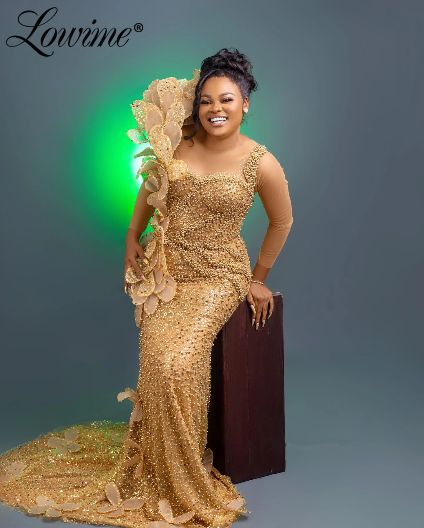 فستان حورية البحر الذهبي للحفلات الراقصة بأكمام طويلة مزين بالزهور وحفلات الاستقبال الثانية وأعياد الميلاد والخطوبة فساتين سهرة مخصصة