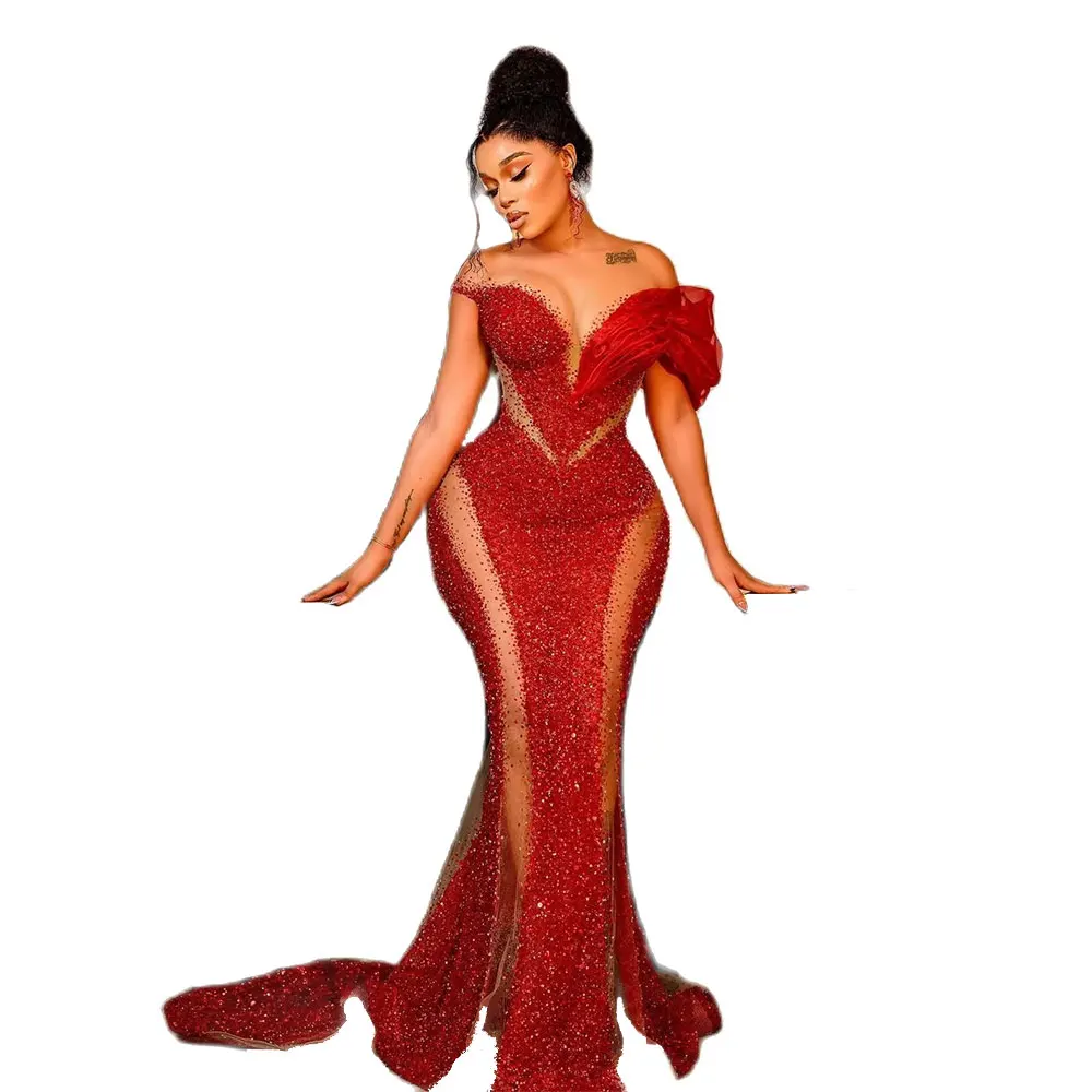 Red Sparkly Sequin African Mermaid Evening Dresses Beaded Sexy Off Shoulder Aso ebi Formal Dress Illusion Women Prom Party Gowns