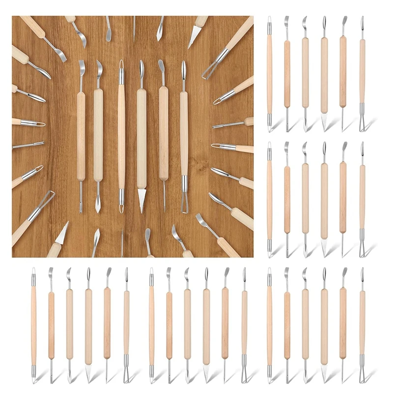 36 Pieces Clay Carving Tools Set Double Sided Polymer Clay Tools With Smooth Wooden Handles Pottery Tools