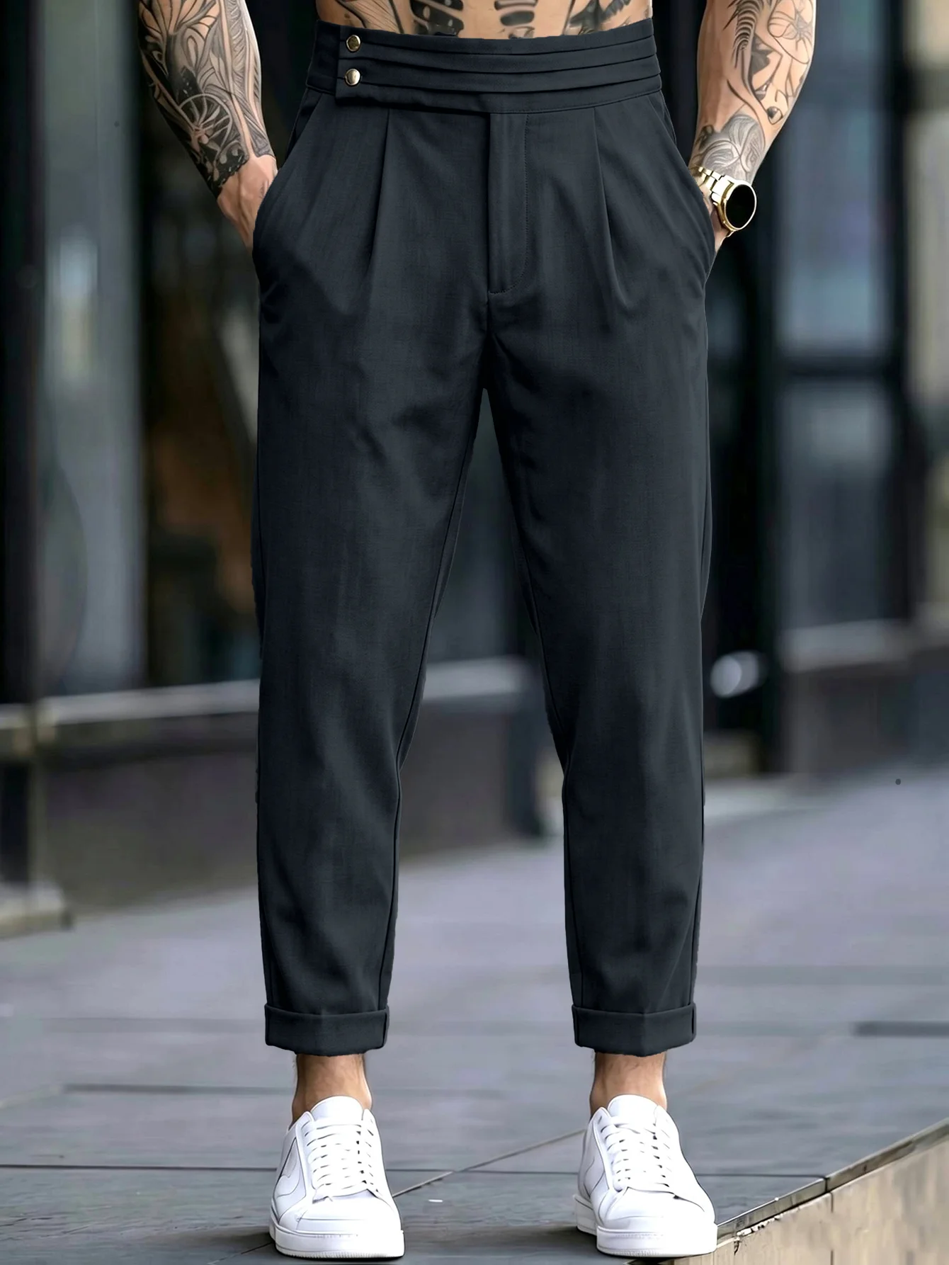 Men's Gorge Trousers with High Waist Elastic Back, Buttoned Waistband Casual Dress Pants
