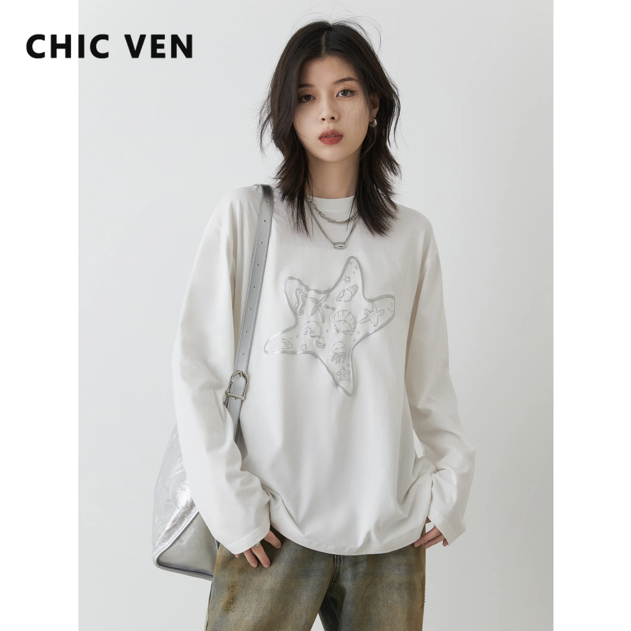 CHIC VEN Women T-Shirts Loose New Round Neck Printed Long Sleeved Tees Cotton Female Basic Top Spring Autumn 2024