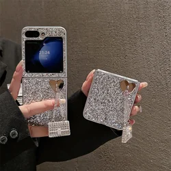 Luxury Glitter Phone Case For Samsung Galaxy Z Flip 6 5 4 3 Cover with Cute Bag Pendant Plating Silver Cases For Flip5 Flip4 5G