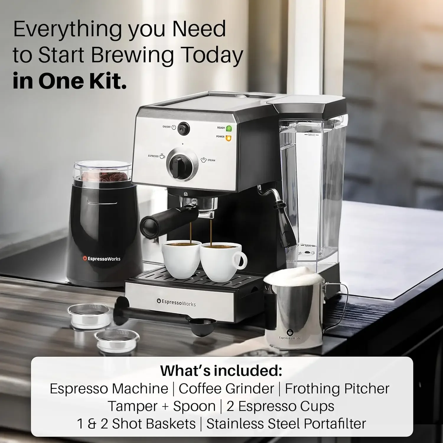 All-In-One Espresso Machine with Milk Frother 7-Piece Set - Latte Maker Includes Grinder Frothing Pitcher Cups Spoon and Tamper