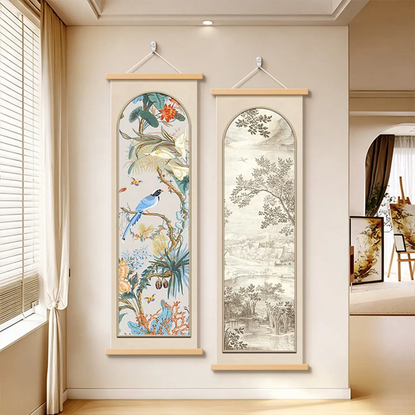 Wall Art Chinoiserie Flower and Bird Pair Pearlescent Canvas Hanging Scroll with Wooden Rods for Entryway Hallway Tea Room